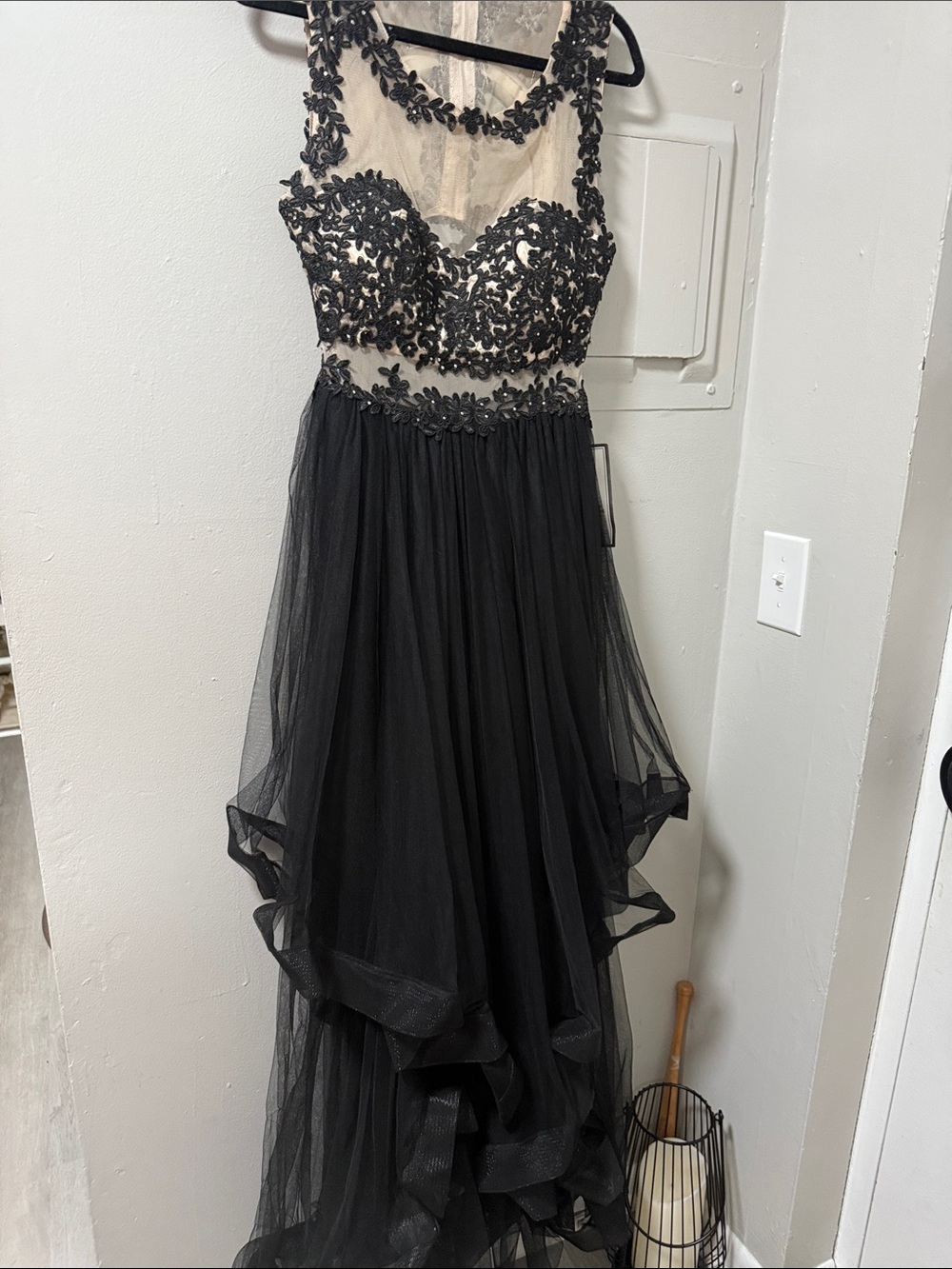 Macy's Black Embroidered Illusion High-Low Gown